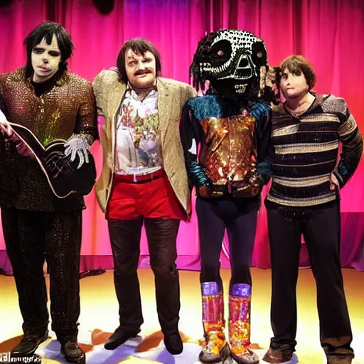 Image similar to the mighty boosh cast on stage featuring vince, howard, bollo and naboo