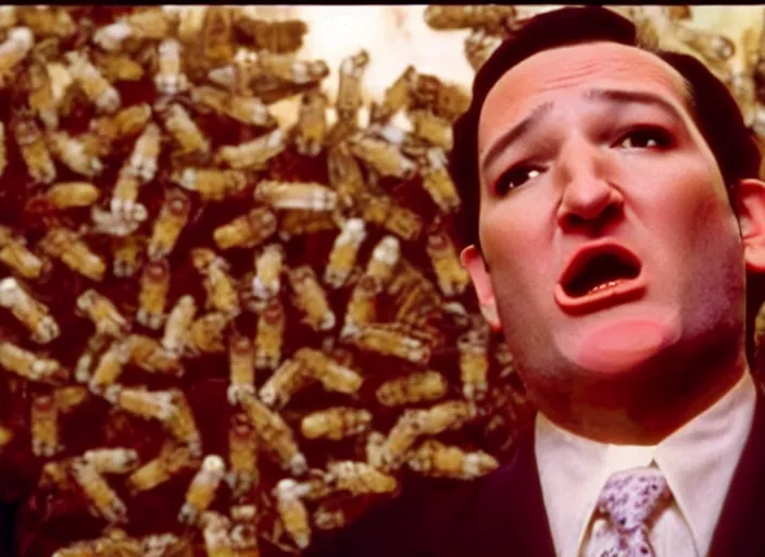 Image similar to film still of ted cruz as the candyman with bees coming out of his mouth in candyman 1 9 9 2