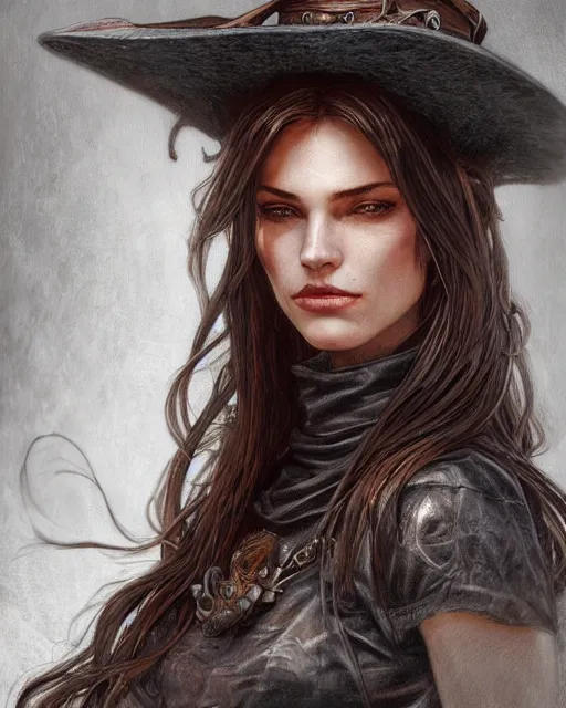 Image similar to close up portrait of a ruggedly handsome female witch, soft hair, half body, leather, d & d, fantasy, intricate, elegant, highly detailed, digital painting, artstation, concept art, smooth, sharp focus, illustration, art by artgerm and greg rutkowski and alphonse mucha