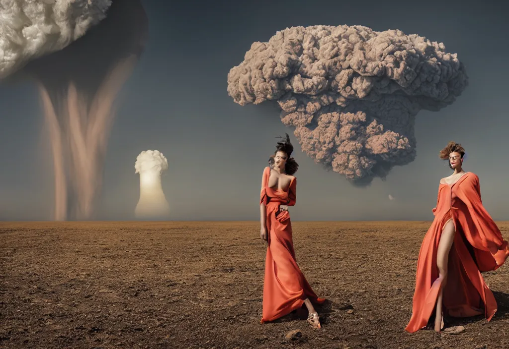 Prompt: fashion editorial in front of nuclear explosion cloud. wide angle shot. highly detailed. depth of field. high definition. 8k. photography.