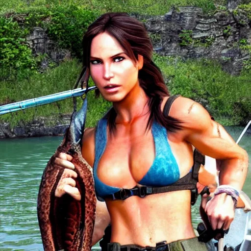 Image similar to lara croft poses with her big fish catch