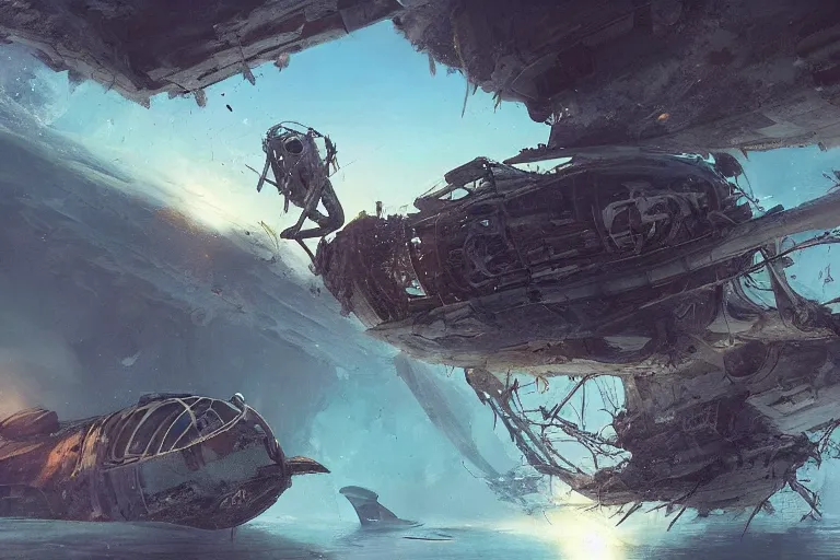 Image similar to a matte painting of a scavenger explorer floating in some water underneath old wreckage of a crashed space ship on a hot day, by alejandro burdisio, trending on cgsociety