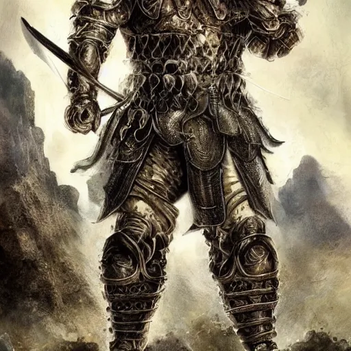 Prompt: a muscular lion wearing battle armor, holding a sword, standing on a bloody battlefield, full body, epic, fantasy, highly detail, art