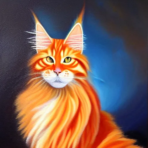 Image similar to beautiful oil painting of an orange mainecoon with a white beard. wearing a white wide brimmed sombrero