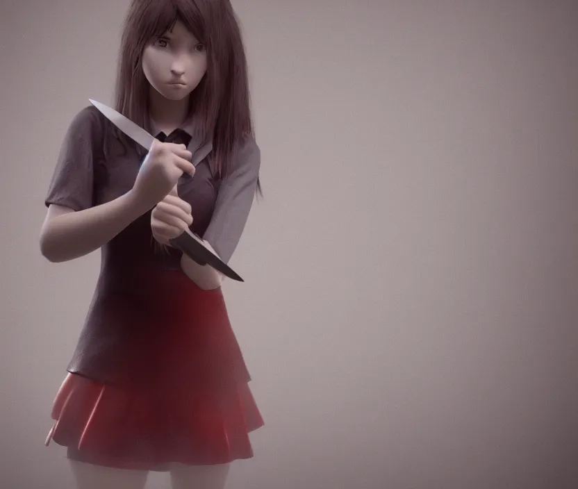 Image similar to school girl holding a knife, gloomy and foggy atmosphere, octane render, artstation trending, horror scene, highly detailded