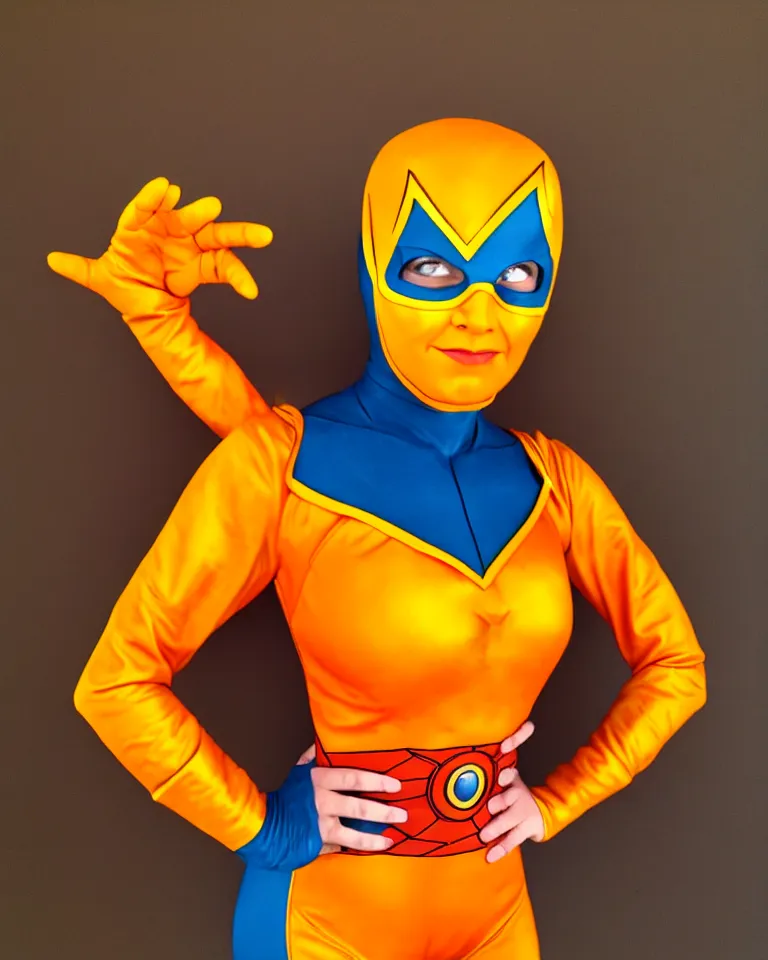 Image similar to new marvel superhero captain marigold, orange and yellow costume, centered zoomed out