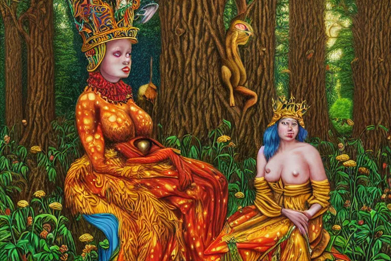 Image similar to a calm beautiful queen sitting in the forest by todd schorr, portrait,