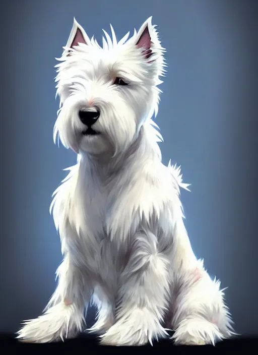 Prompt: a west highland white terrier sitting politely, facing the camera, anime art style, wearing futuristic, led - lit armor, and a cannon mounted on his back, portrait, high detail, sharp focus, digital painting, artstation, concept art, art by hayao miyazaki and artgerm and greg rutkowski and alphonse mucha.