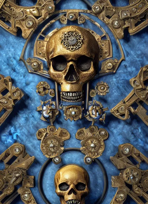 Prompt: 3d render ultra detailed of a skull, art deco, steam punk, intricate gears details, hyperrealistic, ultra detailed, elegant, octane render, blue and gold, 8k, trending on Artstation, unreal engine