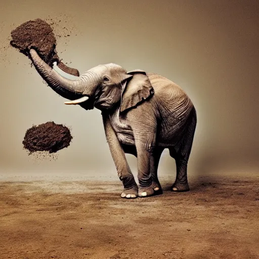 Image similar to an elephant falling apart and crumbling to dust to the air, photorealistic