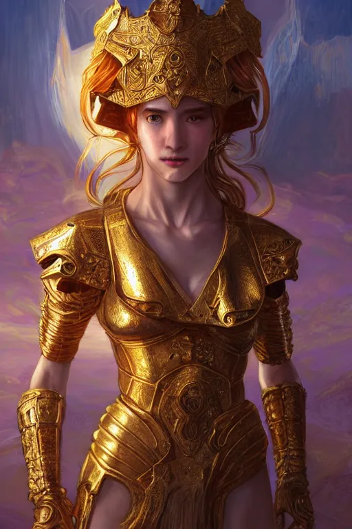 Image similar to portrait knights of zodiac girl, golden and copper shining armor, karate pose, in ruined agora of athens sunrise, ssci - fi and fantasy, intricate and very very beautiful and elegant, highly detailed, digital painting, artstation, concept art, smooth and sharp focus, illustration, art by tian zi and wlop and alphonse mucha and z - - ed