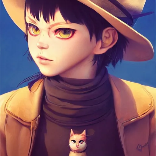 Image similar to A cowboy cat with big and cute eyes, fine-face, realistic shaded perfect face, fine details. realistic shaded lighting poster by Ilya Kuvshinov katsuhiro otomo ghost-in-the-shell, magali villeneuve, artgerm, Jeremy Lipkin and Michael Garmash, Rob Rey and Kentarõ Miura style, trending on art station