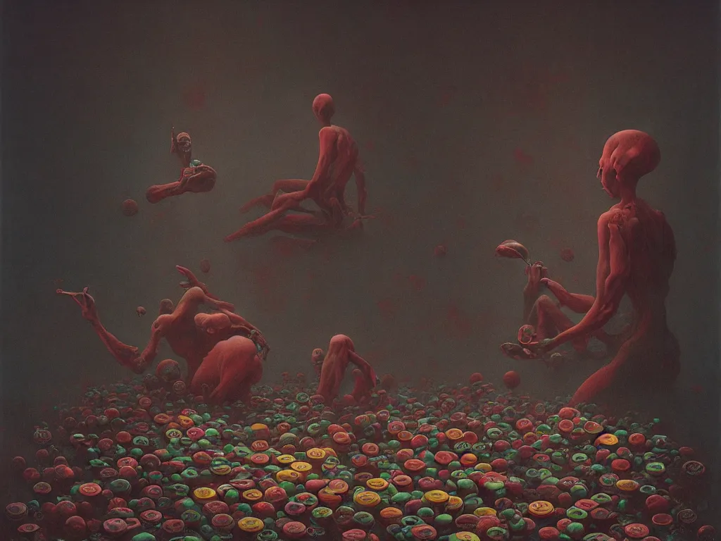 Prompt: Candy Crush, by Zdzisław Beksiński and Greg Rutkowski, horror, surreal, cinematic, 8k