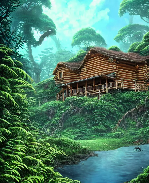 Image similar to an enormous cabin exterior, overgrown with exotic fungus, overgrown with huge ferns, cliff side, noon, sun drenched, partly cloudy, by dan mumford, yusuke murata, makoto shinkai, ross tran, cinematic, unreal engine, cel shaded, featured on artstation, pixiv