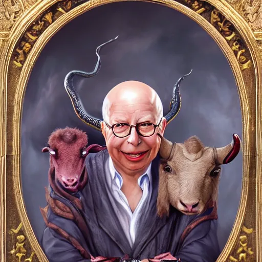 Image similar to a detailed fantasy character painting of Klaus Schwab with devil horns on his head, he has a forked tongue like a snake and black eyes, holding a lamb, dressed like Jesus Christ, by lauri blank, artgerm, evelyn de morgan, 8K, 50mm lens