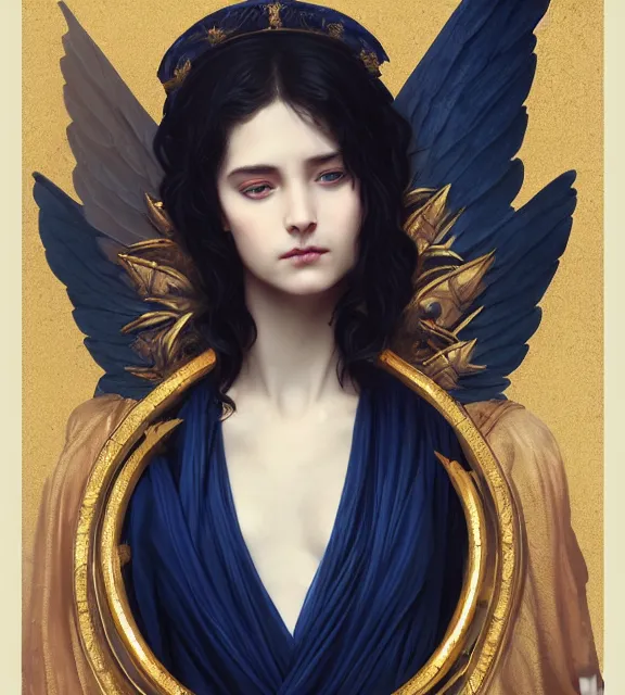 Prompt: god of death, young male, in the underworld, elegant dark blue dress, very detailed, throne, very intricate details, jewelry, gold eyeshadow, elaborate long black hairstyle, wings, cinematic, artstation, william bouguereau, alphonse mucha, greg rutkowski, rossdraws, octane render, no hands