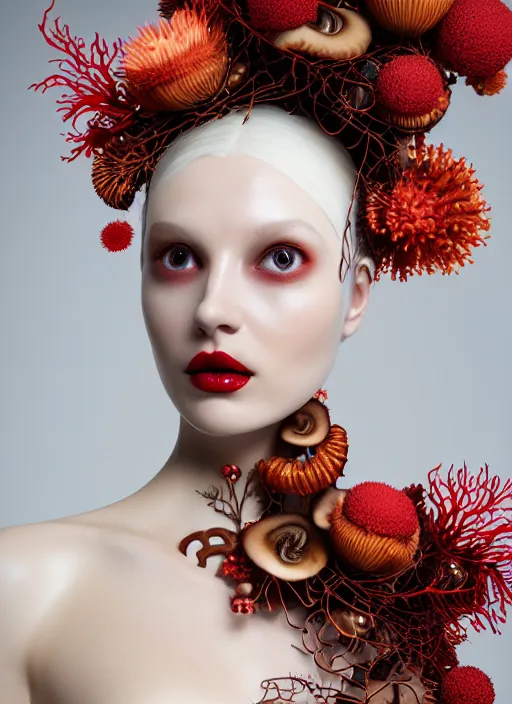 Prompt: beautiful porcelain ivory woman elegant red plump lips round hazel eyes biomechanical cyborg, elegant haute couture, iris van herpin, laser cut foliage mesh, headdress with daisies, colorful puffballs, steampunk mushrooms, rhizomorphs, brackets, fractal sponge corals, hyper detailed, ultra sharp, soft light, giger, 8 k, uhd