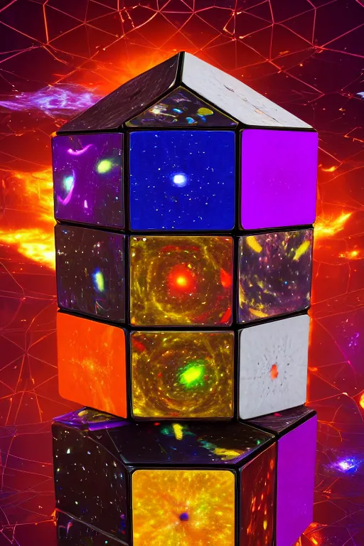 Image similar to four dimensional parallel universe infinite cosmic rubik's cube hypercube tesseract with wormholes, energy and galaxies around it. epic, dramatic, cinematic, digital art, octane render, blender, 8 k, hyperrealistic, trending on artstation