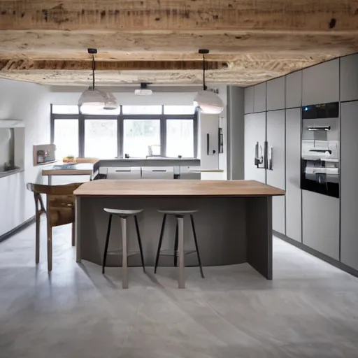 Image similar to luxury bespoke kitchen design, modern rustic, Japanese and Scandanvian influences, understated aesthetic, innovative materials and textrue, by Roundhouse Design