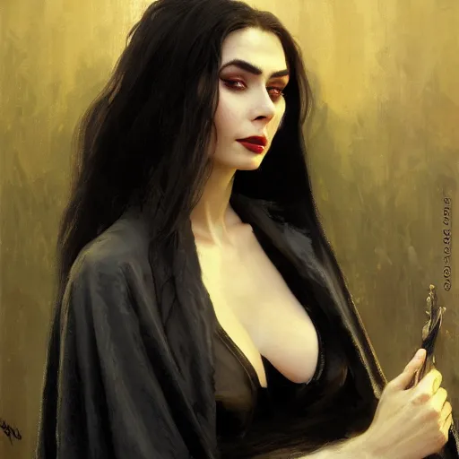 Image similar to detailed realistic cinematic wide shot of beautiful attractive lilly collins vampire woman wearing black bath robe slim face symettrical face clean skin black eyes black robe smooth, sharp focus, ultra realistic, spring light, painting by gaston bussiere, craig mullins, j. c. leyendecker