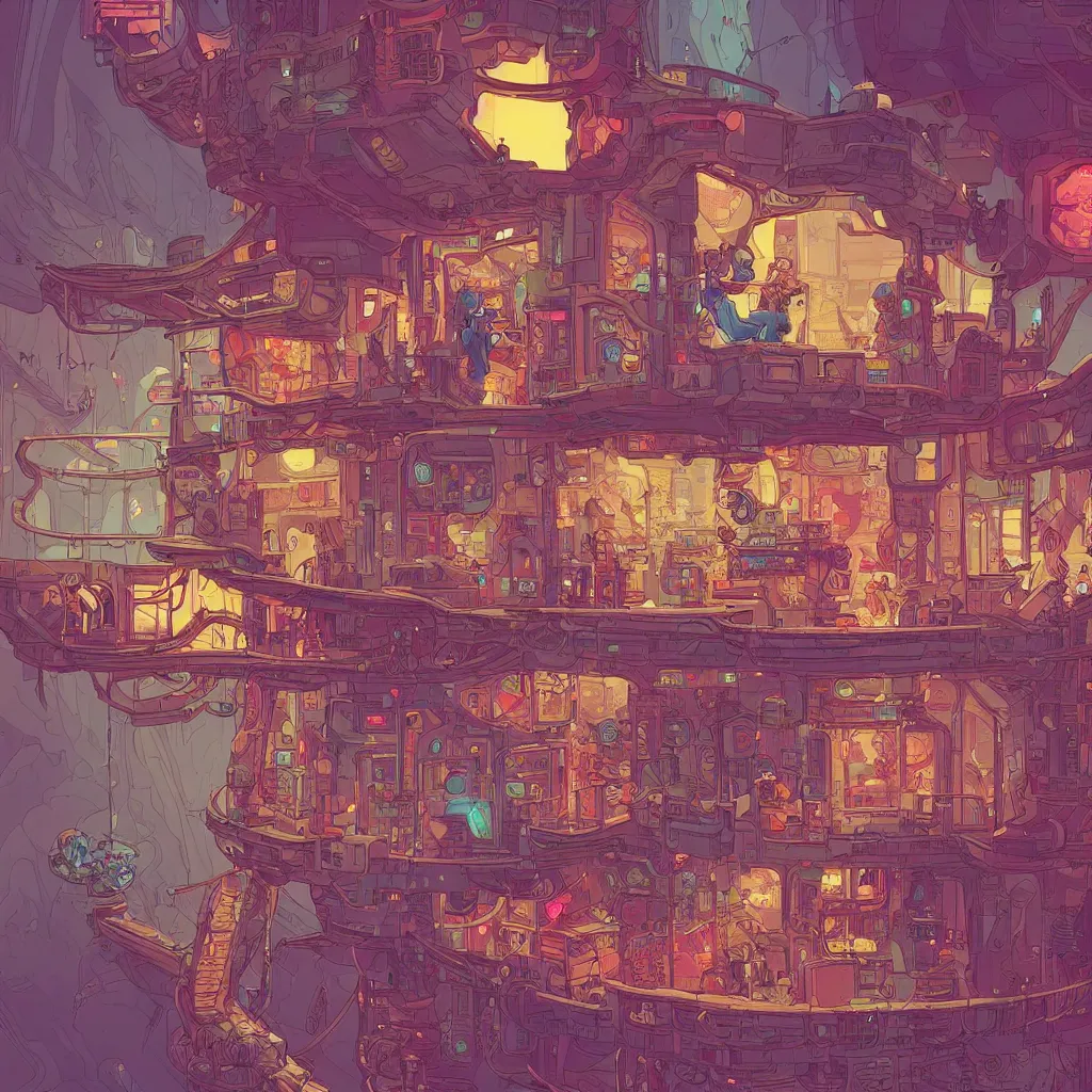 Image similar to Stunningly intricate illustration of an explorer playing video games in his treehouse, wearing cyberpunk headpiece, highly detailed, midnight, by Josan Gonzalez and James Gilleard , Moebius, Laurie Greasley