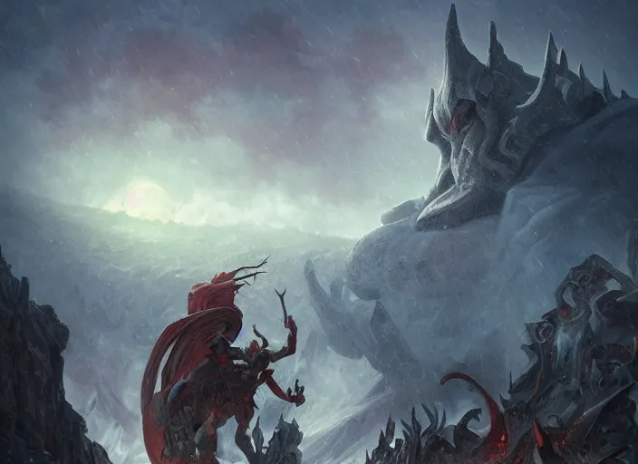 Image similar to giant asgard demon attacking an encampment during a blizzard, highly detailed, digital illustration, artstation, concept art, matte, sharp focus, illustration, dramatic, full moon, art by artgerm and greg rutkowski and alphonse mucha