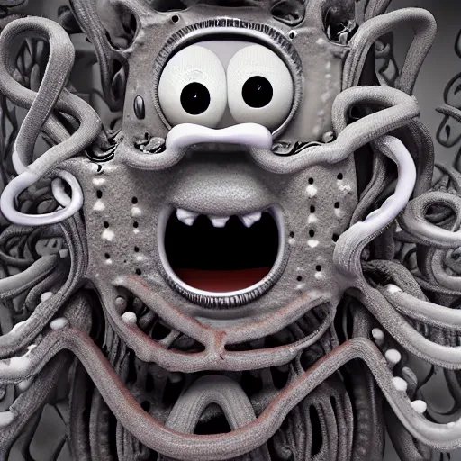 Prompt: demented creepy spongebob staring into your soul with realistic tentacles in the background, scary, rendered in blender, horror, gloomy, dark, terrifying, terror, frightful, super detailed octane render ran in blender optimized,