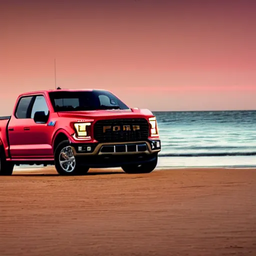 Image similar to Ford F150 Hydro Blue 2022 Truck on a Red Sand Beach at sunset