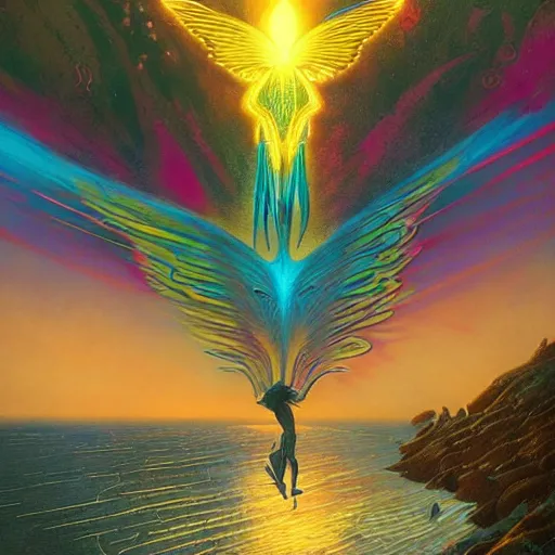 Image similar to psychedelic tron wings in front of a lsd sunset, cliffside ocean scene, diffuse lighting, hyper realistic, elegant, intricate, hyper detailed, smooth, sharp focus, concept art, illustration, trending on artstation, art by artem demura, greg rutkowski, james gurney, and alphonse mucha