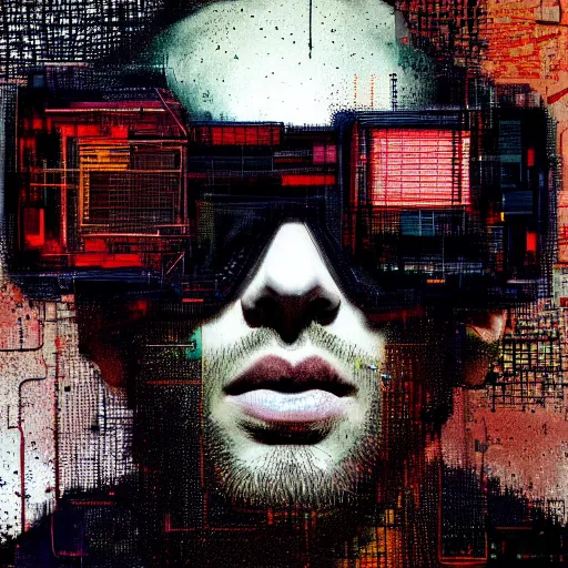 Prompt: portrait of a young man with vr glasses, by Guy Denning, by Johannes Itten, by Russ Mills, centered, glitch art, hacking effects, digital tech effects, cyberpunk, color blocking! , oil on canvas, intricate detail, concept art, abstract, octane render, octane, cgsociety, trending on artstation