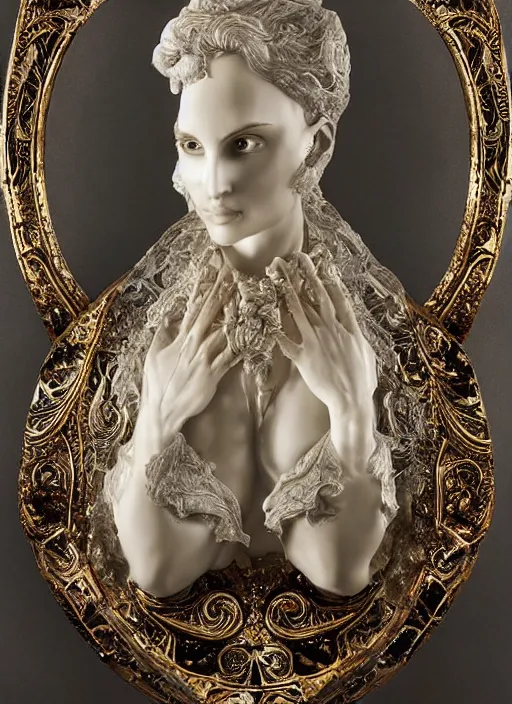 Prompt: beautiful romantic marble sculpture of natalie portman, oil slick, palladium veins, dripping, mandelbulb, hypercube, ivory carving, fractal paisley inlay, lace, intricate, elegant, highly detailed, gold inlay, metallic, ivory, artgerm, lace, by ruan jia, greg rutkowski, mucha, wlop, gil elvgren, nick alm