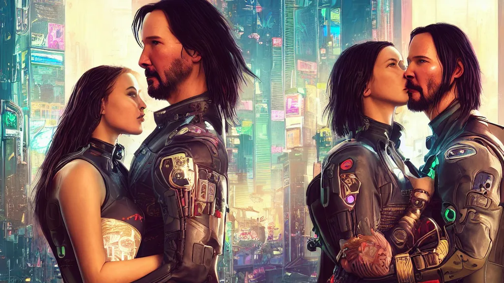 Image similar to a cyberpunk 2077 srcreenshot couple portrait of Keanu Reeves and a female android final kissed in night city,love,romantic,film lighting,by Lawrence Alma-Tadema,Andrei Riabovitchev,Laurie Greasley,Dan Mumford,John Wick,Speed,Replicas,artstation,deviantart,FAN ART,full of color,intricate,concept art,smooth,elegant,Digital painting,illustration,sharp focus,face enhance,highly detailed,8K,octane,golden ratio,cinematic lighting