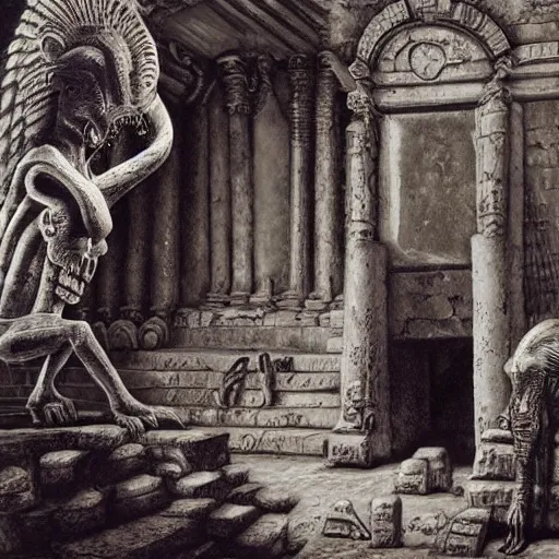 Prompt: creatures that inhabit the ancient aztec ruins by anne stokes and gustave dore