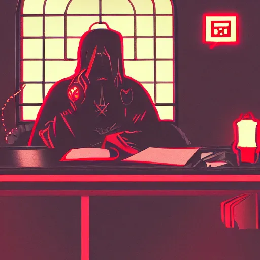 Image similar to dark lord sitting at desk, medium shot, portrait, john k, semi realistic anime, red demon cyberpunk symbols