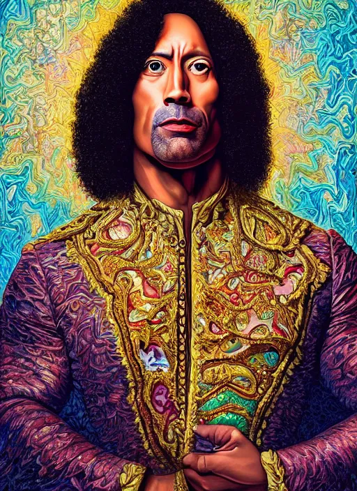 Image similar to beautiful oil painting, portrait of Dwayne the rock Johnson as Louis xiv in coronation robes 1701, Dan Mumford, Dan Mumford, Alex grey, Alex grey, lsd visuals, dmt fractal patterns, entheogen, psychedelic, hallucinogen, highly detailed, ornate, vaporwave