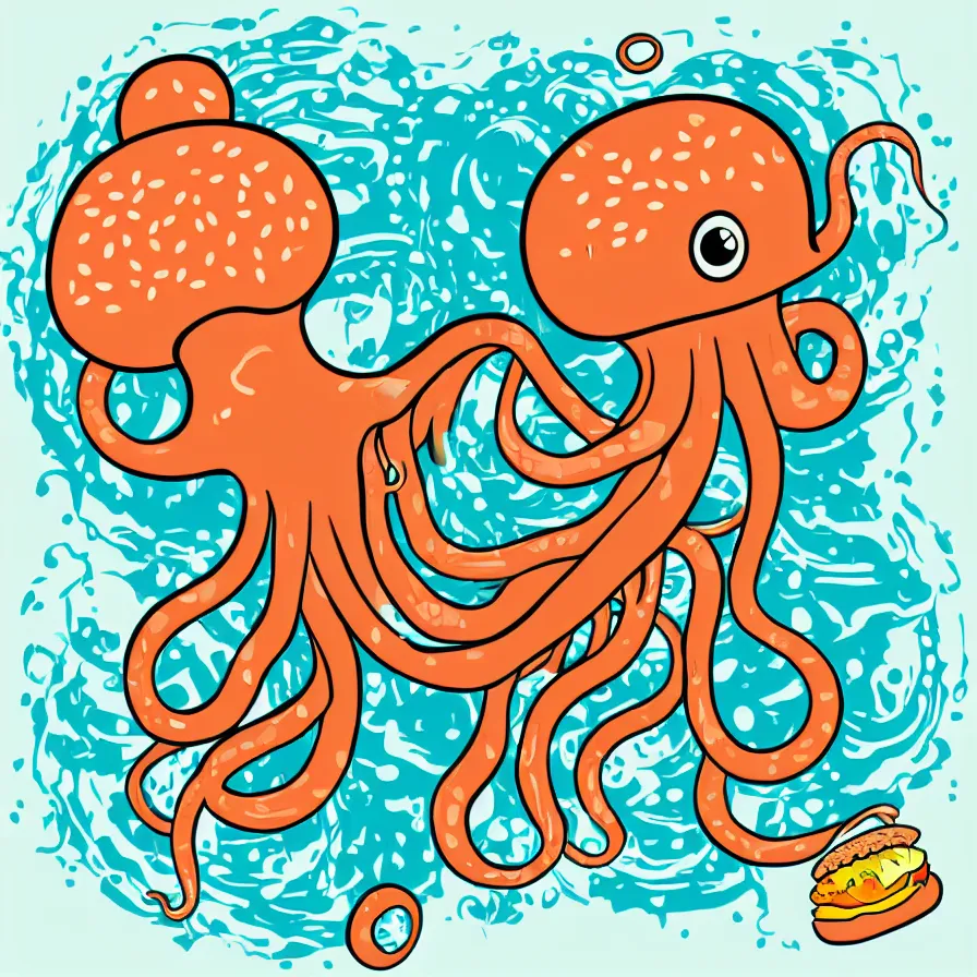 Image similar to high quality illustration of a giant octopus holding hamburger, tentacles wrapped around burger, vector art, poster, symmetry