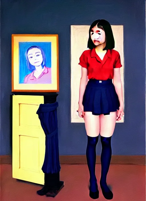 Image similar to oil painting of an asian annasophia robb in a learning uniform wearing stockings, teaching you a lesson in a void room full of existential horror painted by Bryan Lee O'Malley and Edward Hopper, John Singer Sargant, inspired by paintings of Francis Bacon and melting color palette of Mark Rothko