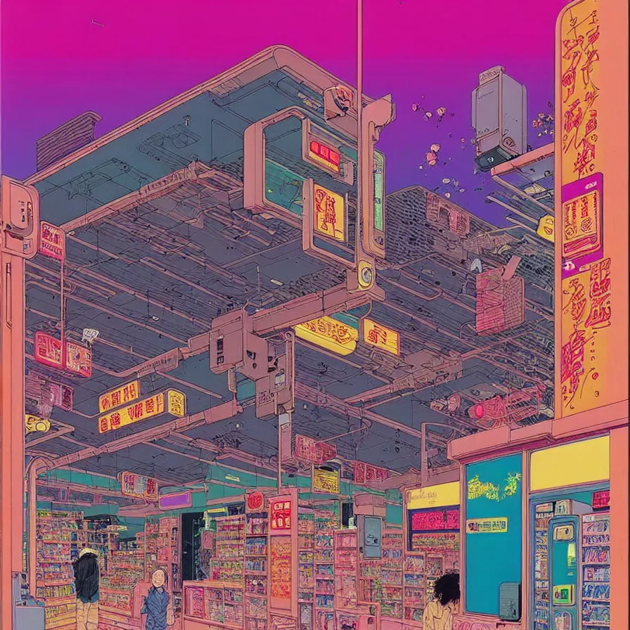 Image similar to ( ( ( ( cyberpunk convenience store ) ) ) ) by mœbius!!!!!!!!!!!!!!!!!!!!!!!!!!!, overdetailed art, colorful, artistic record jacket design