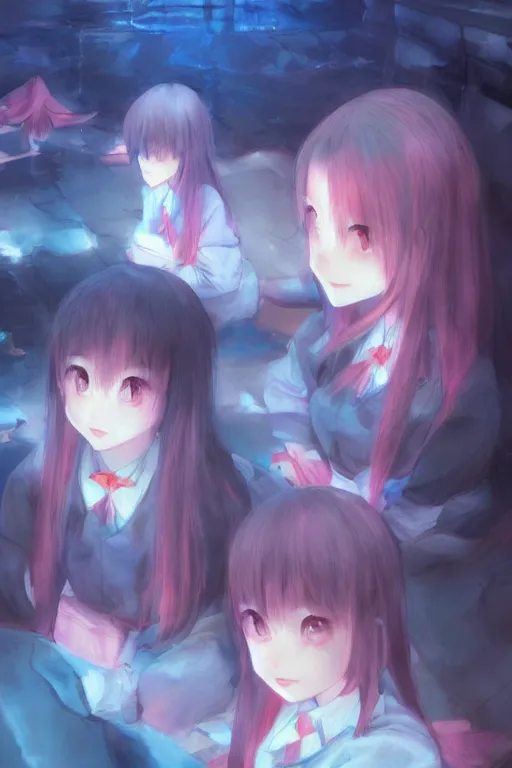 Prompt: 3d infrared octane render concept art by Mo Xiang Tong Xiu, by Igarashi Daisuke, by makoto shinkai, cute beauty cozy portrait anime sad schoolgirls under dark pink and blue tones, mirror room. light rays. deep water bellow. beautiful and cutest sad smile. dramatic deep light, trending on artstation, oil painting brush