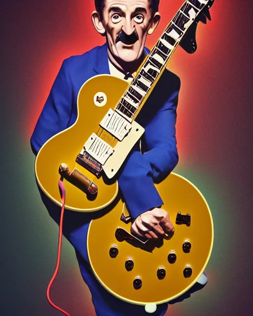 Image similar to barry chuckle ( shredding on a gibson les paul. guitar solo, bold, art by stanisław szukalski, 3 d rendering by beeple )