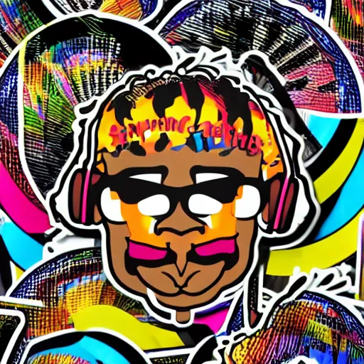 Image similar to svg sticker of a Dancing-Ben-Harper-Snoop-Spike-Lee-with-a-large-Afro-Puff, at a rave, spinning records, giant headphones rocking out, wearing headphones, huge speakers, dancing, rave, DJ, spinning records, digital art, amazing composition, rule-of-thirds, award-winning, trending on artstation, featured on deviantart