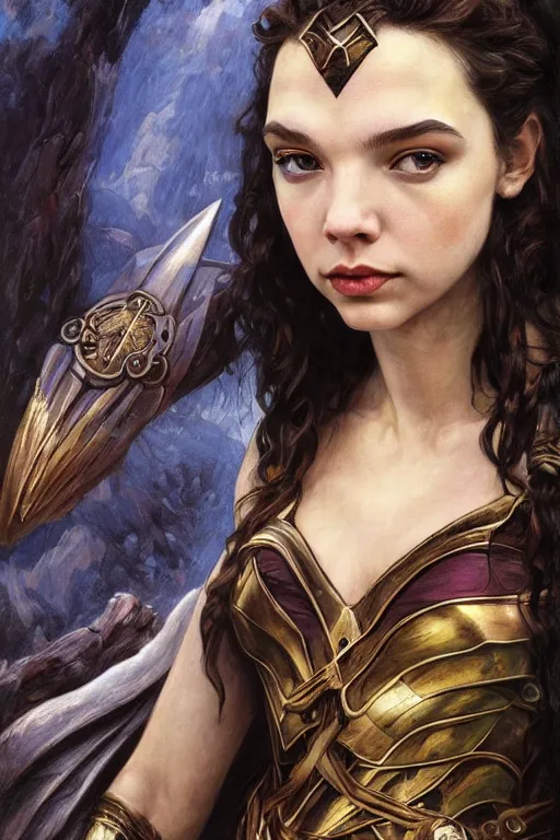 Prompt: A fantasy comic book style portrait painting of, hybrid of Gal Gadot, Anya Taylor-Joy, as a Mystical Valkyrie, a beautiful female Reptilian warrior, Regal, Realistic, Refined, Detailed Digital Art, Josephine wall, Oil Painting, William-Adolphe Bouguereau, Art Frahm, Esao Andrews, Steampunk, Walt Disney (1937), Highly Detailed, Cinematic Lighting, Unreal Engine, 8k, HD