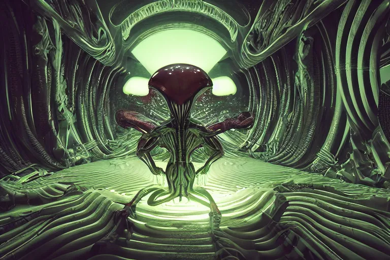 Image similar to a beautiful 3 d rendered representation of an lsd trip with aliens, symmetrical, abstract, inspired by the xenomorph, octane render, unreal engine, 4 k, trending on artstation