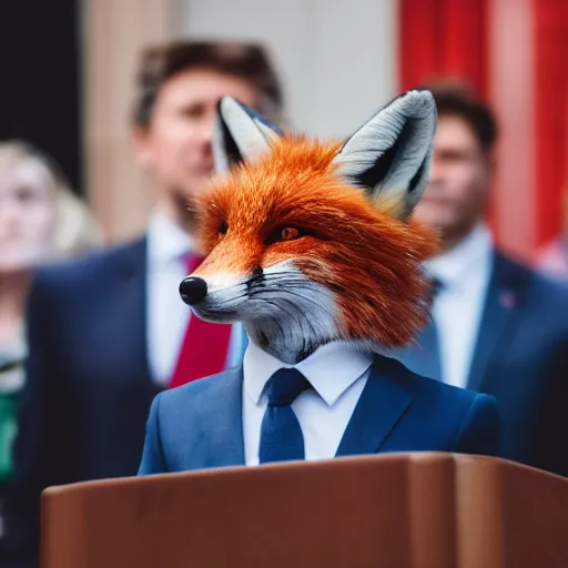 Prompt: a fox dressed in a suit giving a presidential speech, 8 5 mm f / 1. 4