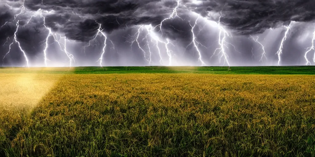 Prompt: detailed fields nature, super storm, hyper - realistic, impressive, atmospheric, god rays, cinematic, deep colors, very high complexity, stunning, masterpiece, 3 5 mm, very detailed. 4 k