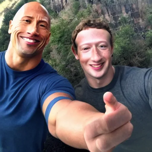 Image similar to selfie taken by Dwayne Johnson with Mark Zuckerberg, wide angle