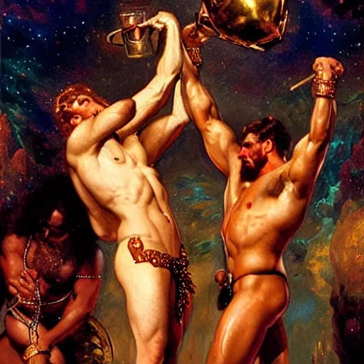 Prompt: muscular zeus wears leather and drinks martinis at a celestial dance club and falls in love with the handsome god jupiter, painting by gaston bussiere, craig mullins, j. c. leyendecker, tom of finland