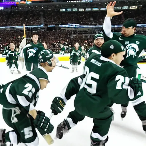 Image similar to “Michigan state ice hockey team wins frozen four, stylized like NHL video game”