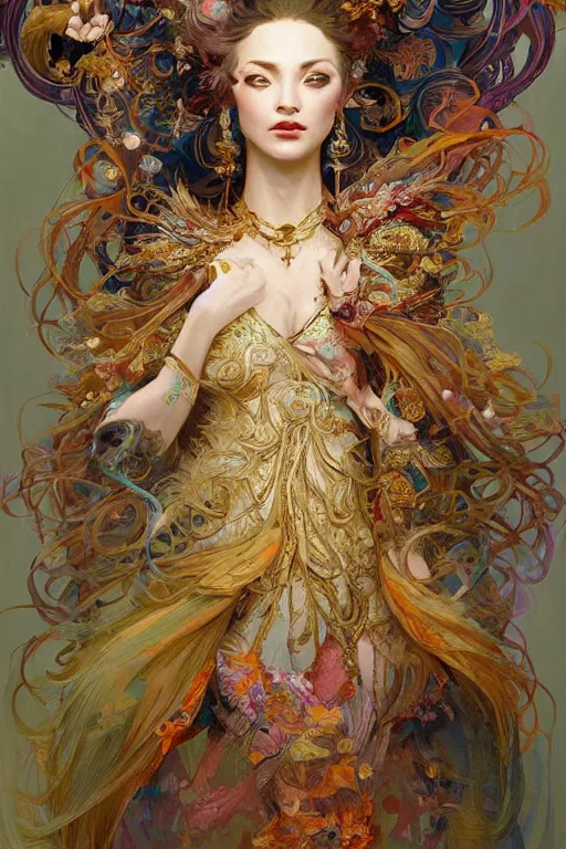 Prompt: a beautifull intricate painting of a beatifull woman, wearing a feathered cloak surrounded by ornate tendrils, flying silk, internse colors, hyper detailed, artstation, concept art, by peter mohrbacher, by wlop, by ruan jia, by alphonse mucha