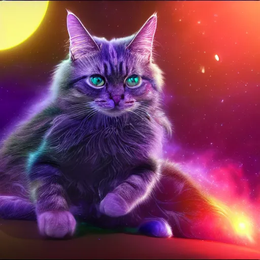 Image similar to Photorealistic magic cat in outer space. Hyperdetailed photorealism, 108 megapixels, amazing depth, glowing rich colors, powerful imagery, psychedelic Overtones, 3D finalrender, 3d shading, cinematic lighting, artstation concept art